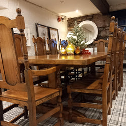 Vintage Oak Dining Table with 10 Chairs