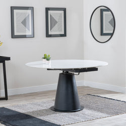 Clara White Sintered Stone Extendable Round Dining Table with Black Pedestal Base
