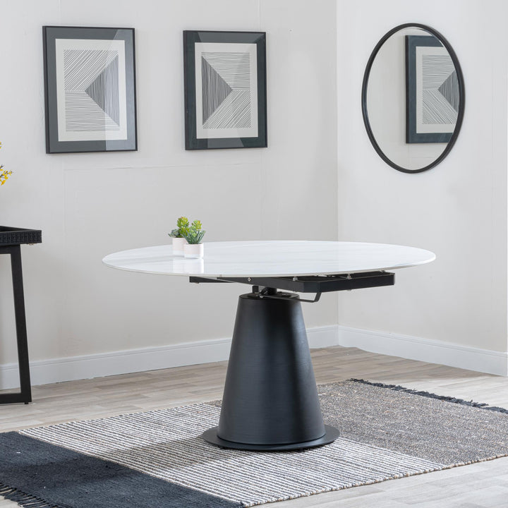 Clara White Sintered Stone Extendable Round Dining Table with Black Pedestal Base