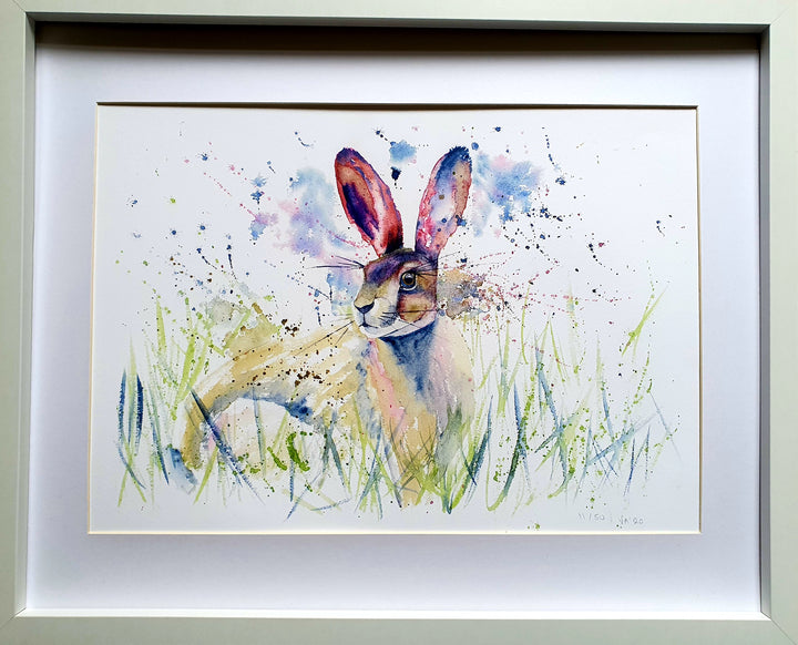 Limited Edition Signed framed prints by Victoria Alderson Art - Crimson Hare in Grass