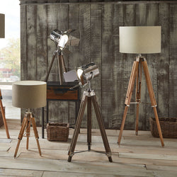 Grey Wood and Silver Metal Film Tripod Floor Lamp