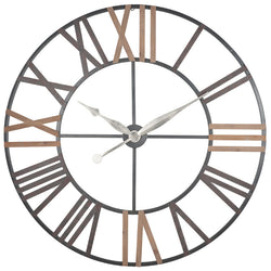 XL Antique Grey Metal & Wood Round Wall Clock