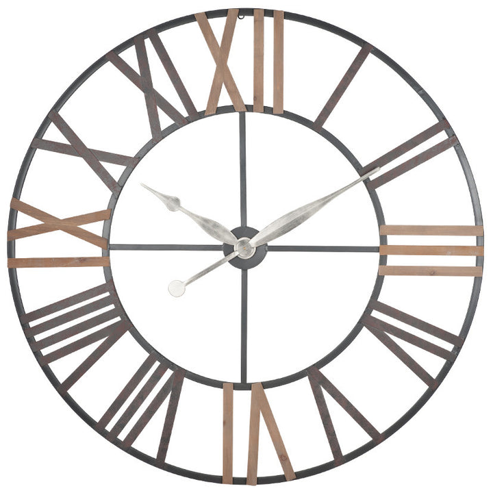 XL Antique Grey Metal & Wood Round Wall Clock