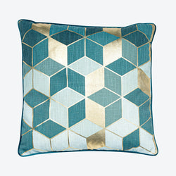 Teal Gold Cubes Geometric Cushion