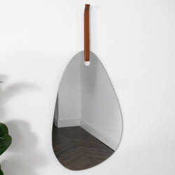 Pebble Shaped Mirror with Brown Leather Hanging Strap